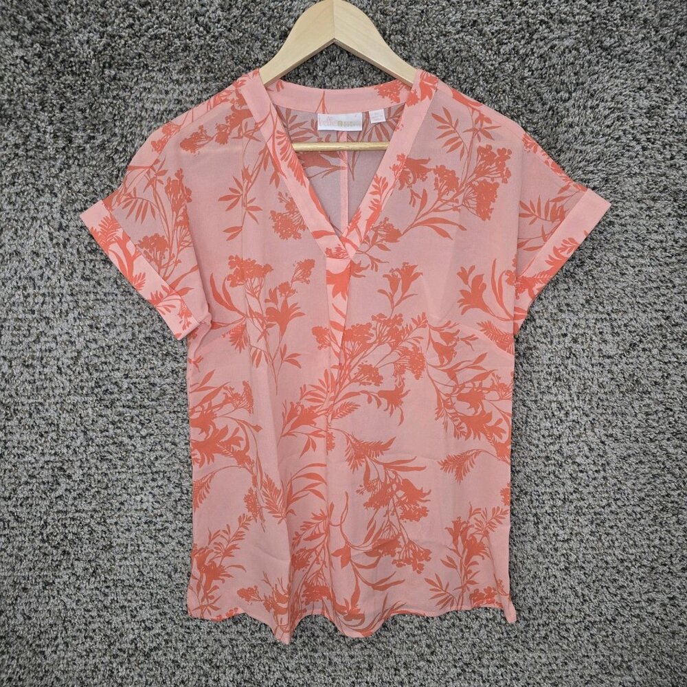 Belle by Kim Gravel Top Womens XS Pink V‎ Neck Blouse Sheer Short Sleeve Ladies